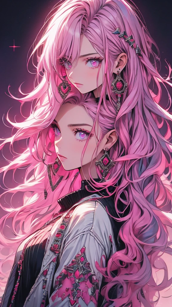 red stream, 1 person, alone, Long Hair, Looking at the audience, Blue Eyes Background, White Background, jewelry, Mouth closed, Jacket, Upper Body, Pink Hair, Earrings, Pink Eyes, necklace, From the side, sweater, lips, eyelash, Compensate, Wavy Hair, Earrings, cross, lipstick, ear Earrings, eye shadow, hoop Earrings, pink lips, Variegated eyes, Pink Theme, , pink eye shadow,