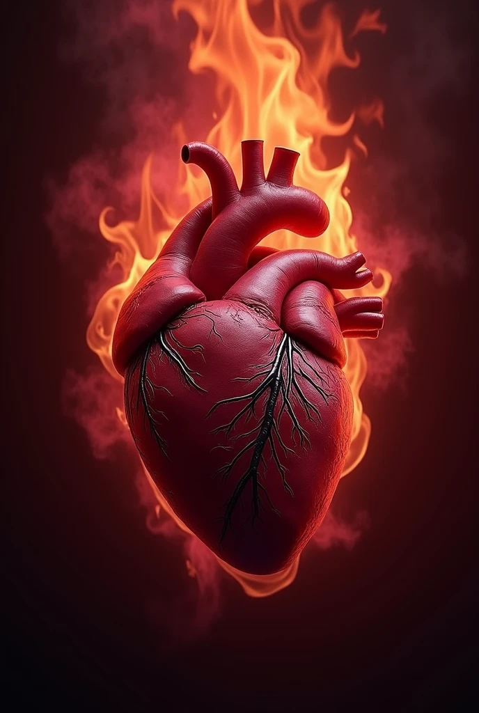 Human heart with burgundy flaming background for book cover
