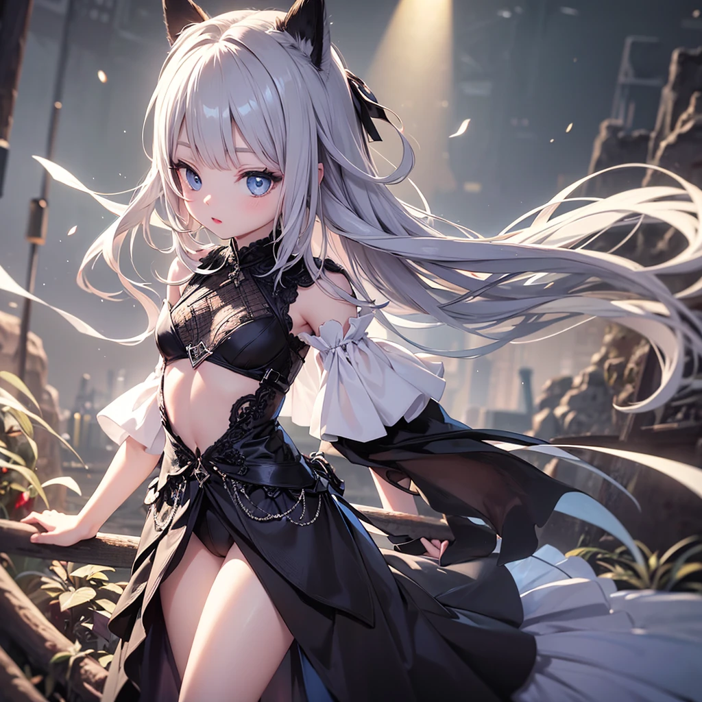 silver hair, dog ears, white dress,wavy hair,delicate features quiet gaze,beautiful half body illustration,beautiful backgraund,atmospheric lighting,sharp focus,vlumetric lighting,cute face,reduce saturation,fine detailed face,small nose and mouth,volumetric top lighting,bold line painting, soft shadow,((masterpiece, best quality)), (1girl), (solo), (female focus),small breasts,flat tits,Lolita,short height,skinny girl,blue eyes,open legs,animal ears,
