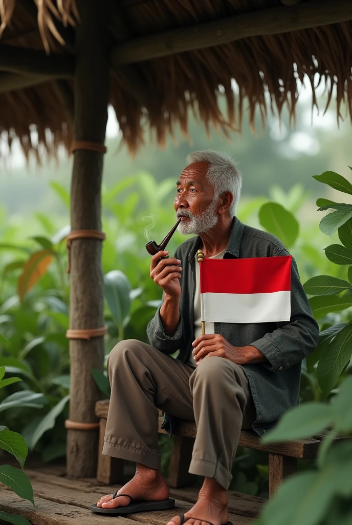 3D naturalistic photo, a hut in the middle of a plantation ,an Indonesian grandfather ,While smoking , with face and gaze forward ,reminiscing about the past full of memories , then he stood up ,while carrying the red and white flag