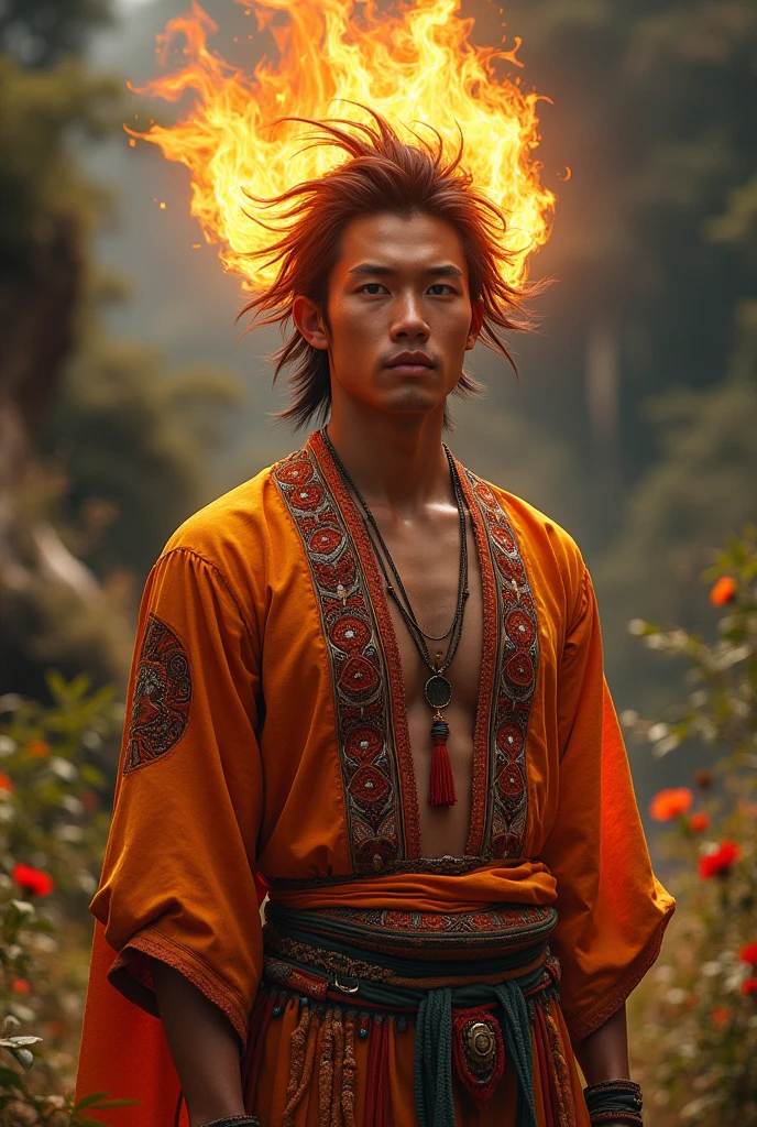 Young Asian man (20 year old appearance) indigenous people with traditional indigenous clothing, tall and handsome, with hair on fire fire