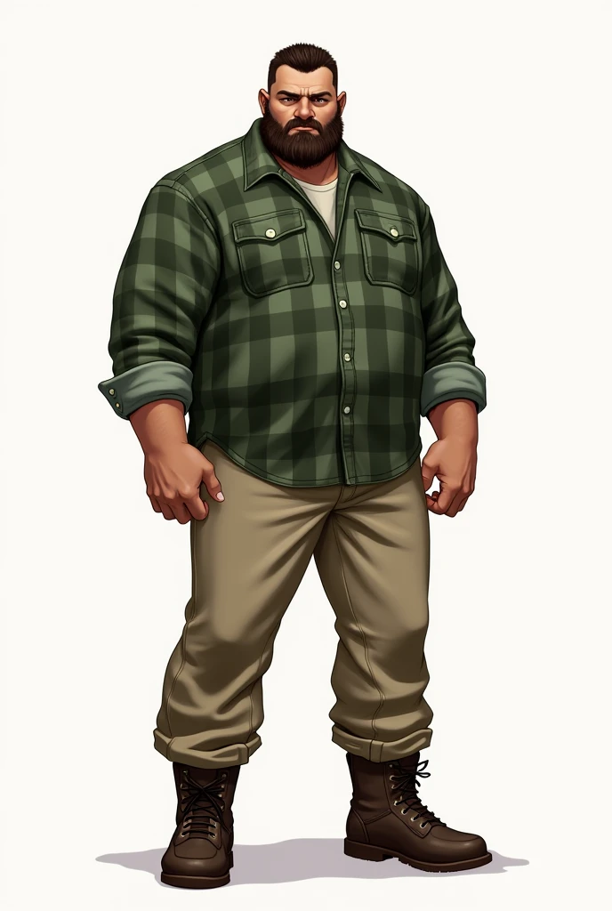 Tall, strong man with short brown hair and brown eyes, short beard. serious expression, intimidating, centered. Green flannel shirt and beige pants. Brown boots. Character sheet