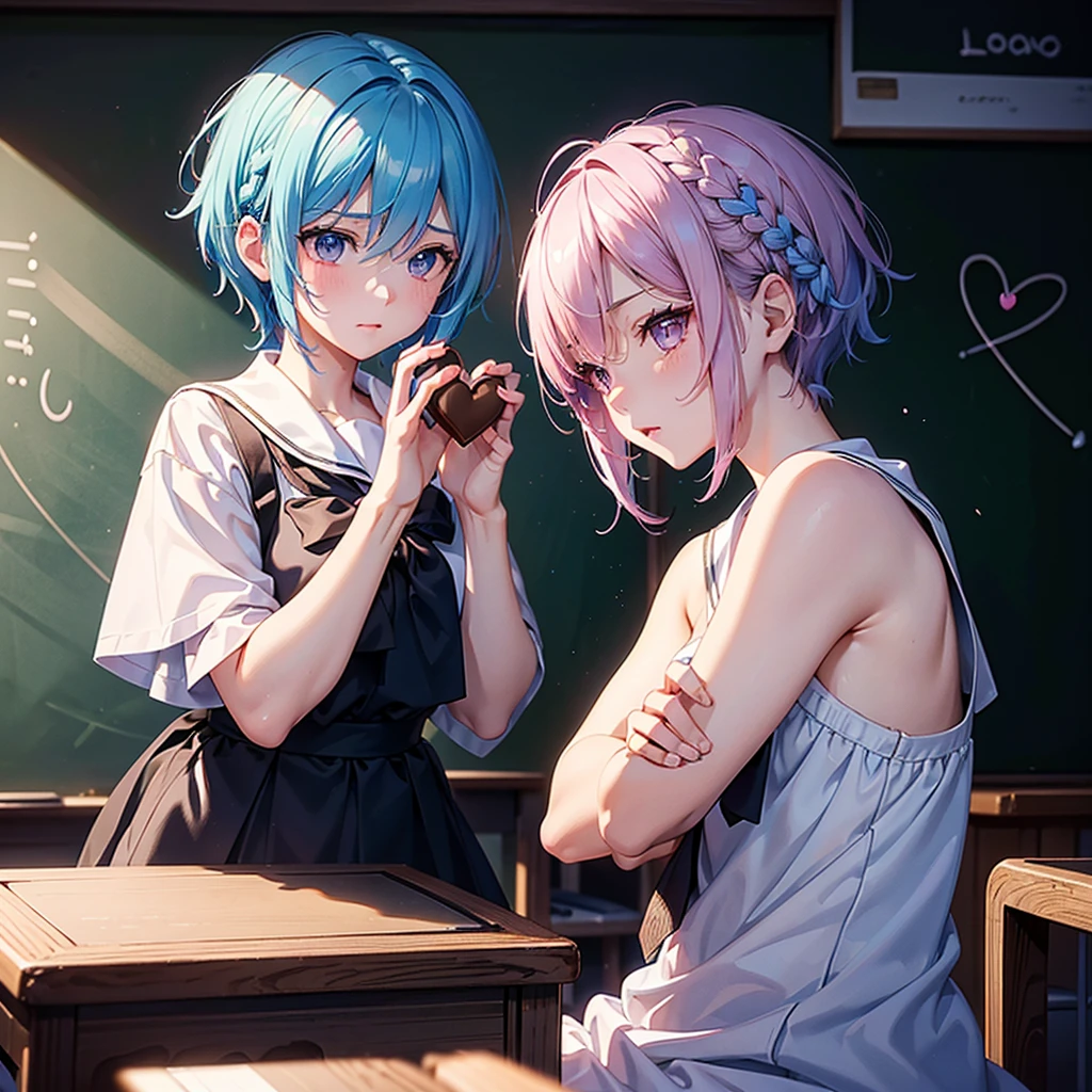 Sky blue hair,Braided short hair,Pink Eyes,Fair skin,whole body,one person,Embarrassed,The background is a school classroom,((I love you lettering on a blackboard)),(Heart-shaped chocolate),((Hands it forward with both hands:1.2)),Sailor suit,valentineday,masterpiece, Highest quality, Very detailed, Best Shadow,Detailed Background,Beautifully detailed face,High Contrast,Best lighting,Very delicate and beautiful,Cinematic Light,Hyper Detail,8k,Dramatic Light, Intricate details,