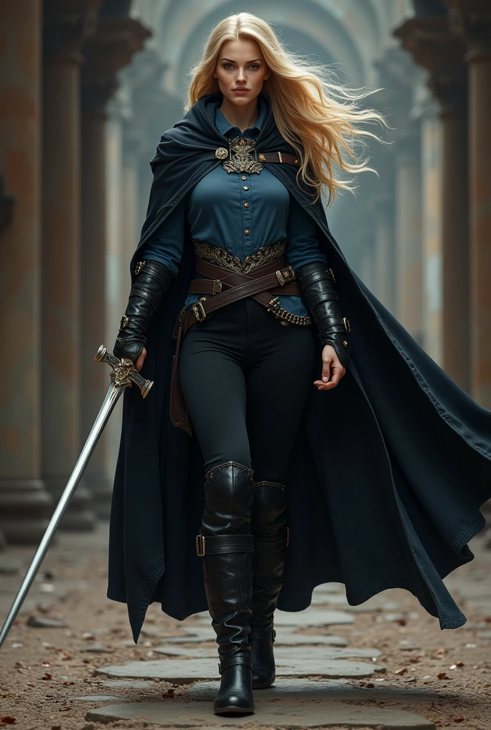 Beautiful blonde girl with long black pants and black boots and a blue shirt and a black hooded medieval cape and with a rapier in her hand