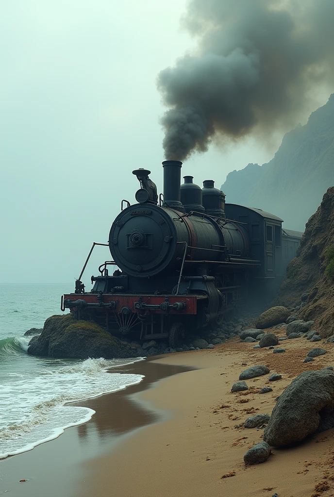 (Illustration) vapor train, crashed on beach, destroyed, on fire, outdoors, soft lighting, sea in background, realistic, intricate details, cold colors