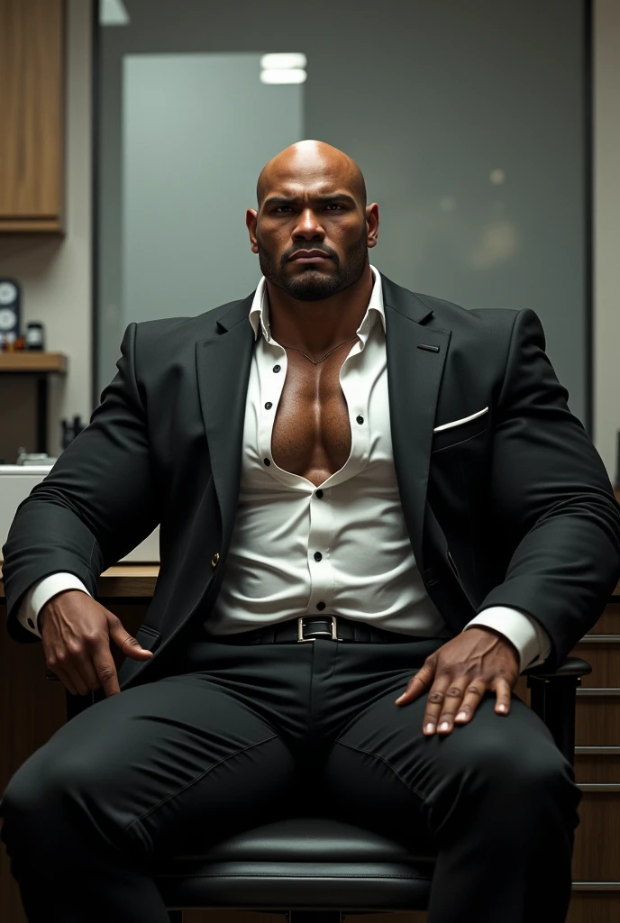 Big giant body builder bald men wearing unbuttoned black and white suit in office on chair