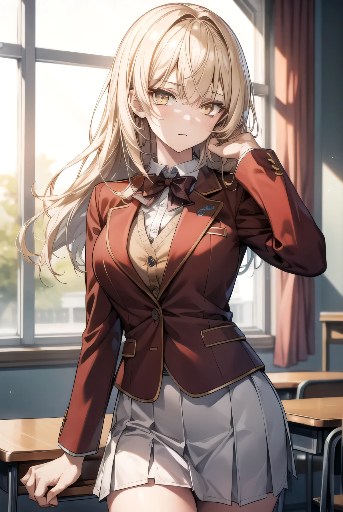 Messy hair, medium length blonde hair, (yellow eyes:1.3),
BREAK bow, school uniform, jacket, bowtie, blue bowtie, blazer, (red blazer:1.5), skirt, white skirt,
BREAK indoors, classroom,
BREAK thinking, looking at viewer, (cowboy shot:1.5),
BREAK (masterpiece:1.2), best quality, high resolution, unity 8k wallpaper, (illustration:0.8), (beautiful detailed eyes:1.6), extremely detailed face, perfect lighting, extremely detailed CG, (perfect hands, perfect anatomy), lighting from the windows