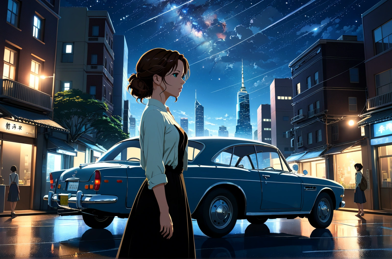 Uses Makoto Shinkai's depiction perfectly,Portrait of Kate Beckinsale,8k 4k masterpiece photo、Beautiful in profile、Standing alone、Cityscape、Buildings、night、There are many stars in the sky、The car is running、