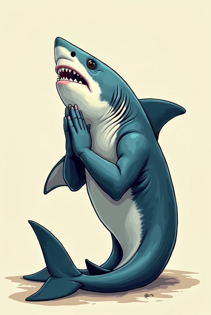 Comic image of a shark praying more realistis Facing Front