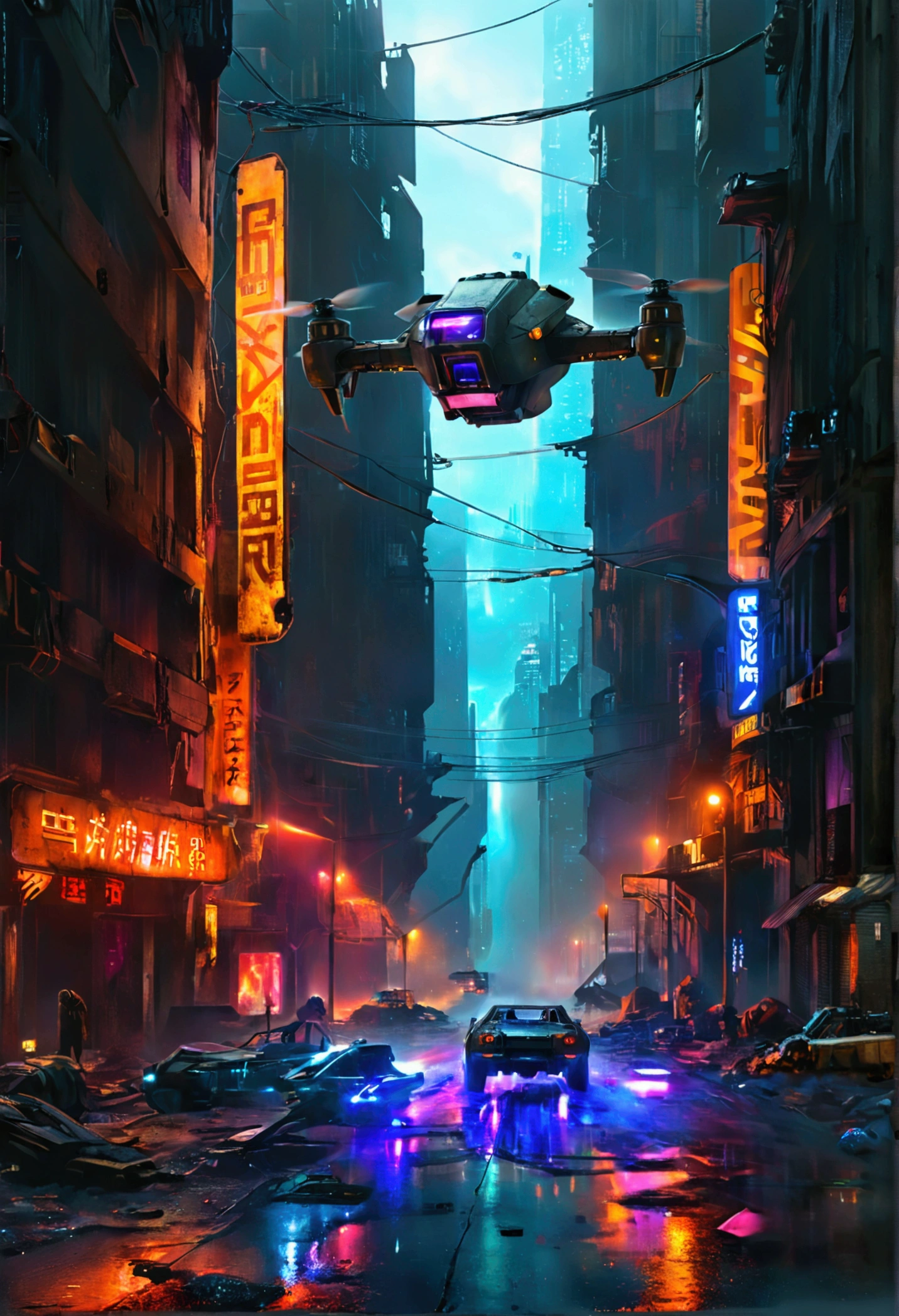 Maximum quality, urban landscape, sky line, futuristic city in ruins, outfit, surrealism, cyber punk, hyper realism, photo realism, Blade Runner, spinner vehicle, drones, exposed wiring, advertising, Holograms, metropolis.