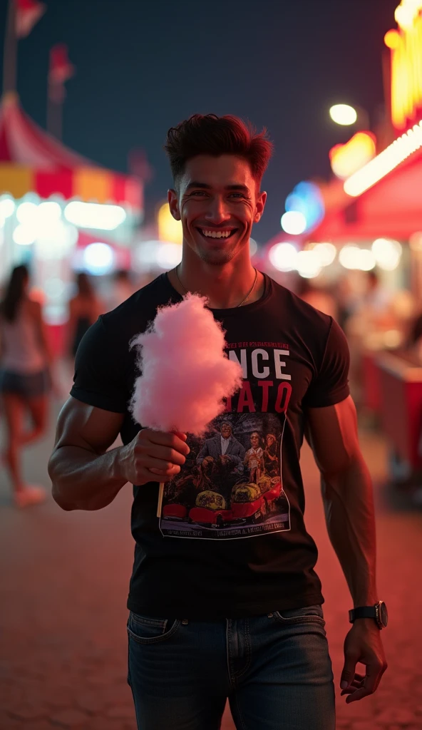photorealistic, best quality, masterpiece, extremely detailed, sexy, homoerotic, extremely handsome, youthful, 25 year old muscular indonesian man, muscular bodybuilder, fitted graphic print tshirt, tight jeans, big smile, happy, holding out cotton candy towards camera, holding a drink, walking around funfair carnival, at midnight, ambient lighting, dramatic shadows, extremely romantic atmosphere, perfect face, perfect fingers, perfect hands, perfection
