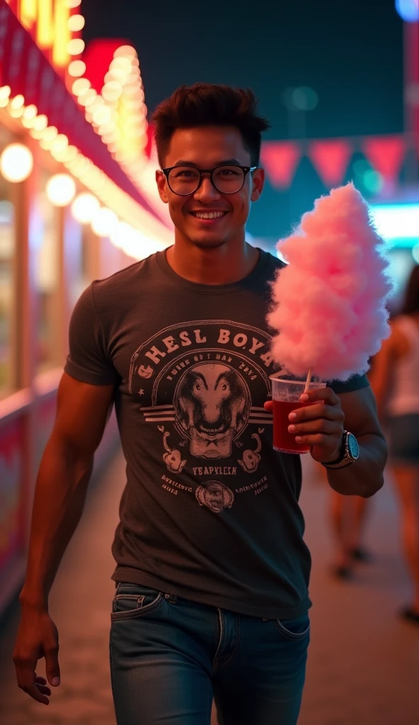 photorealistic, best quality, masterpiece, extremely detailed, sexy, homoerotic, extremely handsome, youthful, 25 year old muscular indonesian man, muscular bodybuilder, fitted graphic print tshirt, tight jeans, big smile, happy, holding out cotton candy towards camera, holding a drink, walking around funfair carnival, at midnight, ambient lighting, dramatic shadows, extremely romantic atmosphere, perfect face, perfect fingers, perfect hands, perfection