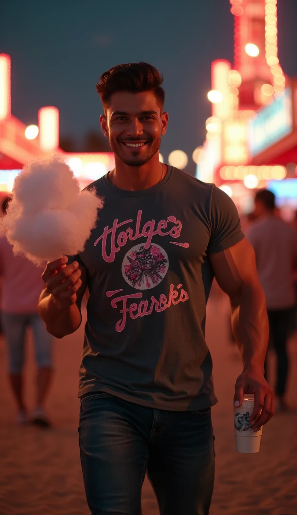 photorealistic, best quality, masterpiece, extremely detailed, sexy, homoerotic, extremely handsome, youthful, 25 year old muscular indonesian man, muscular bodybuilder, fitted graphic print tshirt, tight jeans, big smile, happy, holding out cotton candy towards camera, holding a drink, walking around funfair carnival, at midnight, ambient lighting, dramatic shadows, extremely romantic atmosphere, perfect face, perfect fingers, perfect hands, perfection