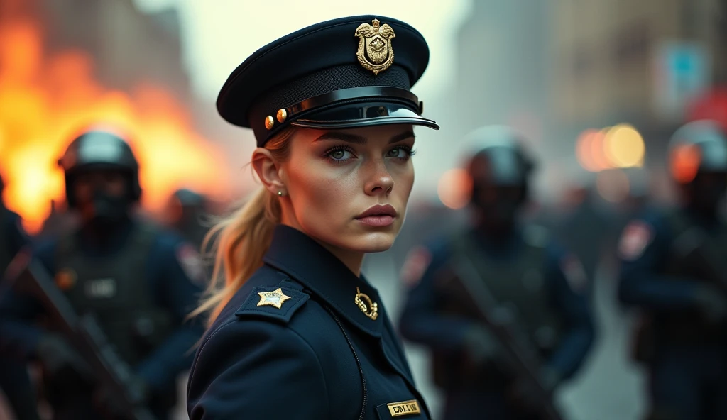 police officer in special forces uniform, elle fanning, riot scene, detailed face, beautiful detailed eyes, beautiful detailed lips, extremely detailed face and eyes, long eyelashes, high contrast lighting, cinematic composition, dramatic lighting, vibrant colors, gritty urban environment, detailed police uniform, realistic textures, quality,4k,8k,highres,masterpiece:1.2),ultra-detailed,