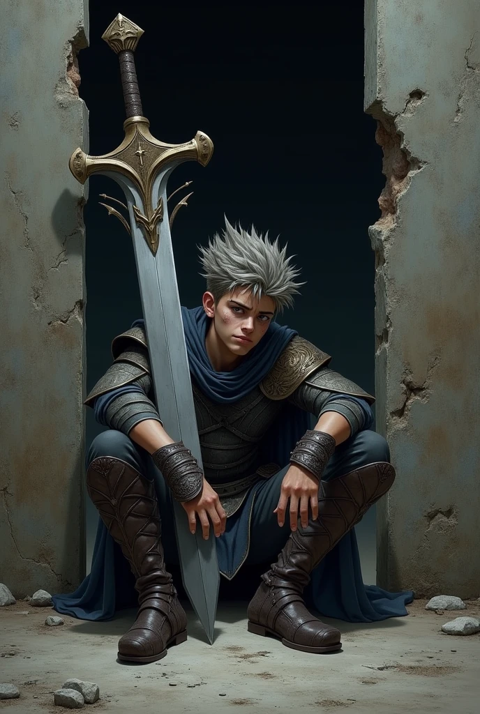 Create an image with a guy sitting on the floor with spiky hair and leaning against a broken wall. He has a sword leaning against his shoulder that is bigger than him and is also wearing black clothing that looks like armor. He is facing forward. He has no beard and looks like he is 20 years old, but he has a strong body and his left eye is injured and the weather is night.