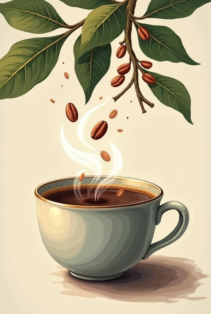 Create a drawing of a cup of coffee and that below the cup there is a branch of coffee and that coffee beans fall from this branch 