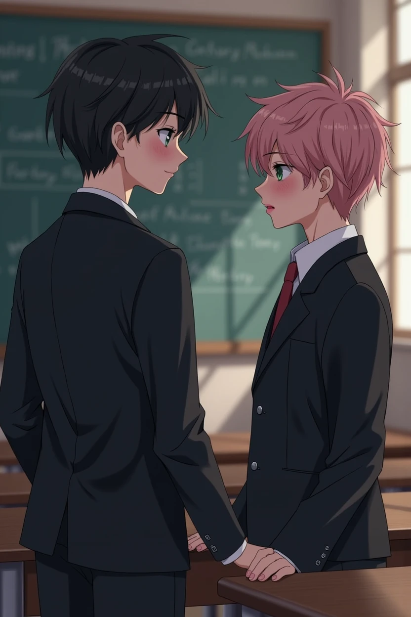 in the background a classroom, Two boys, one in black , and the other more effeminate with pink lipstick, shorter shy