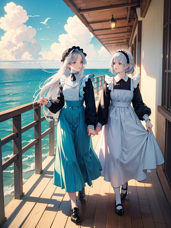 Pastel tones、High definition、Anime-like、The ocean can be seen beyond the gentle hills、High and blue sky、A shining white cumulonimbus cloud、Boardwalk、(A young lady with silver hair, a half-green outfit, a long skirt and a cardigan, wearing a wide-brimmed white hat)and(A maid in classical maid outfit wearing a bonnet)、Two people walking together