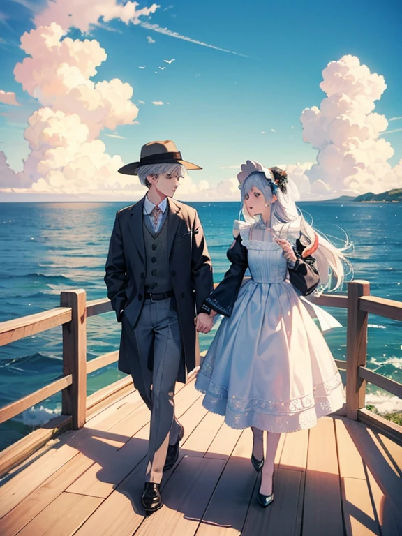 Pastel tones、High definition、Anime-like、The ocean can be seen beyond the gentle hills、High and blue sky、A shining white cumulonimbus cloud、Boardwalk、（A young lady with silver hair, a half-green outfit, a long skirt and a cardigan, wearing a wide-brimmed white hat）and（A maid in classical maid outfit wearing a bonnet）、Two people walking together