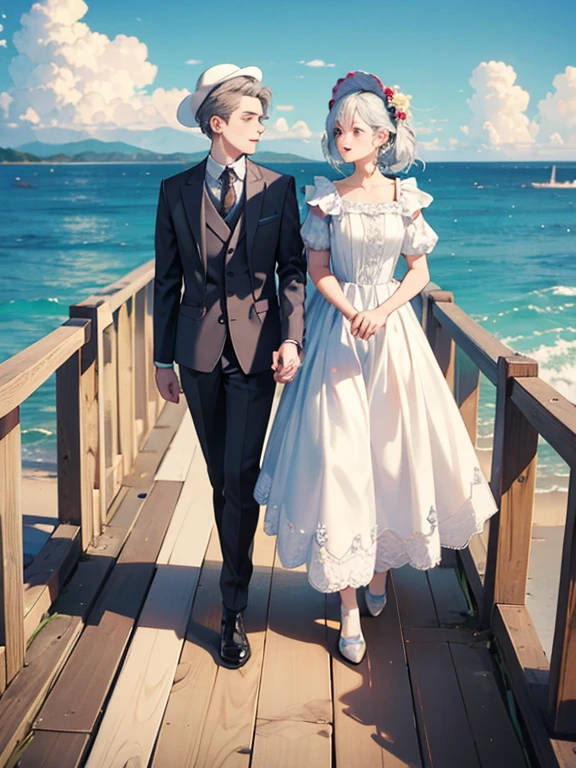 Pastel tones、High definition、Anime-like、The ocean can be seen beyond the gentle hills、High and blue sky、A shining white cumulonimbus cloud、Boardwalk、（A young lady with silver hair, a half-green outfit, a long skirt and a cardigan, wearing a wide-brimmed white hat）and（A maid in classical maid outfit wearing a bonnet）、Two people walking together