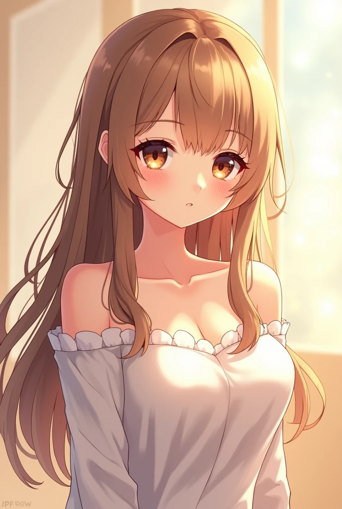 A cute anime girl with long hair, cute cheeks cute face, bigger chest, light brown hair amber eyes bigger chest boobs,O cups
