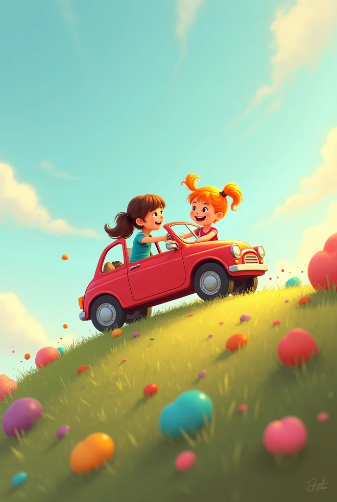 Two girls playing in a small car, a climb at the helm and another in the seat on a hill of happy stones
