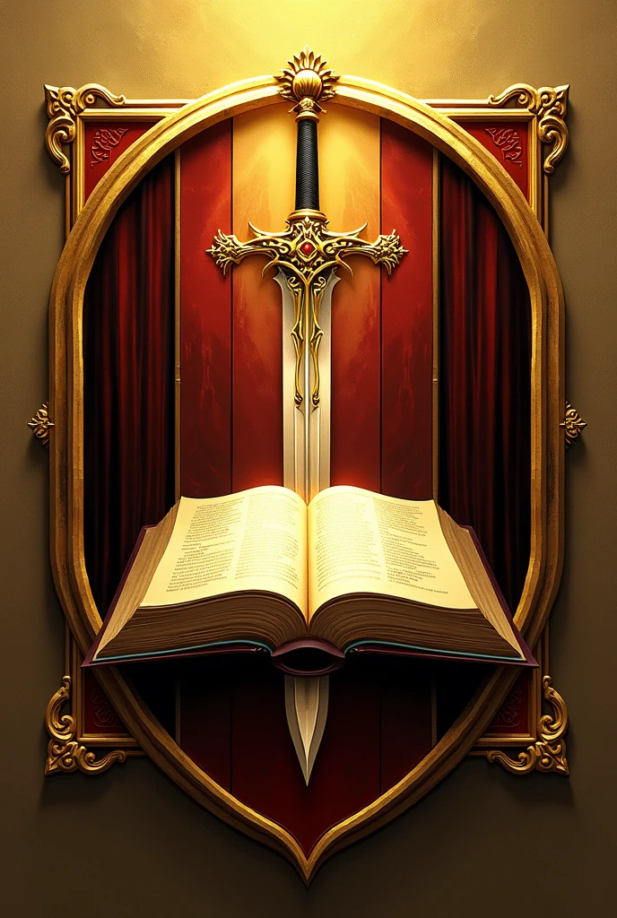 Create a family crest for the Borges name. With predominantly golden colors, red and black. The coat of arms must have an open bible with a sword over the bible 
