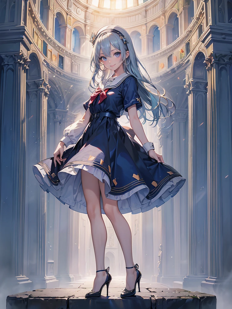((Biologically correct limb count)),(( From head to toe,Full-body photo including face)),4K,masterpiece,((Focus on the face)),((Symmetrical facial features)),Eyes with detailed description,Beautiful woman,Great style,Beautiful arms,Beautiful legs,Beautiful Hands,(Small Ass,Thin thighs),Detailed depiction of the face,Small earrings,necklace,(Will school uniform,dress((High heels))),((early morning)),(((blue blonde))),Realistic photo,Looking up,smile,((St. Peter's Basilica,Panty shot)),Nobody is here,(Thick Fog)