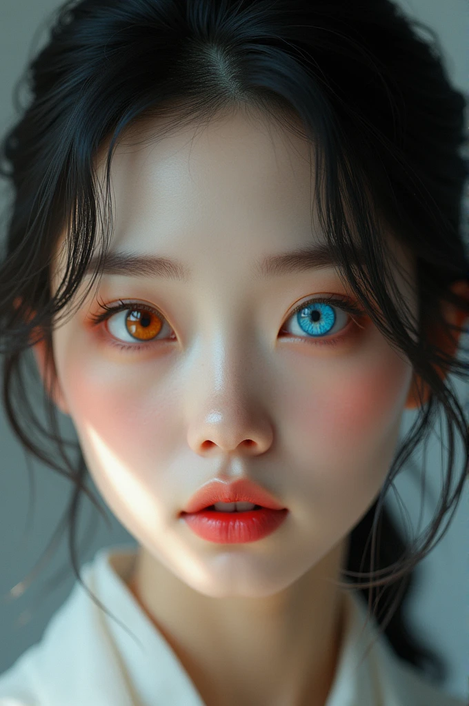 A beautiful Korean woman with one orange eye and one blue eye 