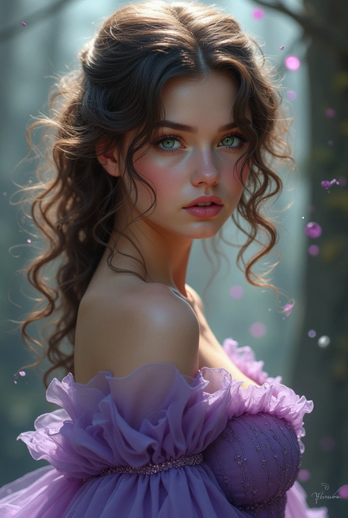 A  with lots of curly brown hair and green eyes dressed in purple