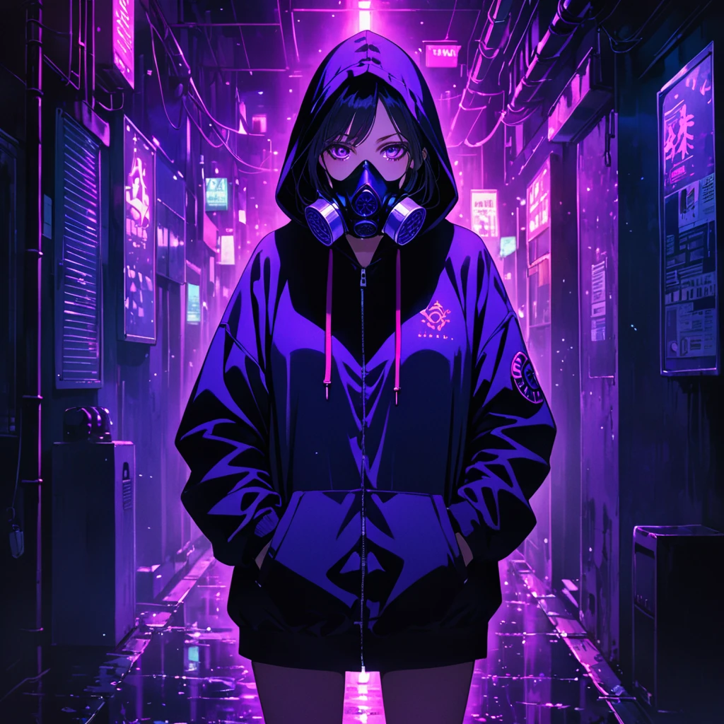 in a dark setting, a woman stands with her hands in her pockets, wearing an oversized hoodie and a gas mask. Her hoodie and sneakers have bright purple neon accents, providing a subtle glow in the darkness. The woman's face is partially obscured by the gas mask and the hoodie, adding a mysterious atmosphere. The style of the illustration is anime.
purpleeyes,
High resolution, masterpiece, accurate, bestquality, High detail, high quality, Very detailed, dark,longhair