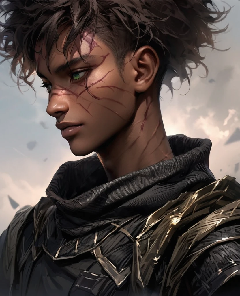 Visable burn scars, hood down, burns going from neck to lower face, masterpiece, best quality, realistic, african man, dark skin, black man, african american, african features, 1man, disfigured, 21 years old, eyes visable, fit, looking worn down, kevlar armor (like swat),african hair, short hair (fade), intimidating, warrior, green eyes, kinky hair, afro-textured hair, short hair, fade (hair)
