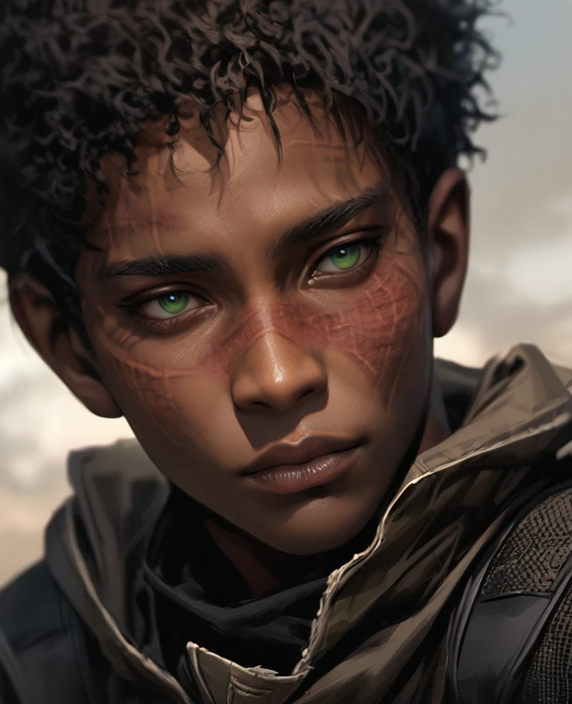 Visable burn scars, hood down, burns going from neck to lower face, masterpiece, best quality, realistic, african man, dark skin, black man, african american, african features, 1man, disfigured, 21 years old, eyes visable, fit, looking worn down, kevlar armor (like swat),african hair, short hair (fade), intimidating, warrior, green eyes, kinky hair, afro-textured hair, short hair, fade (hair)