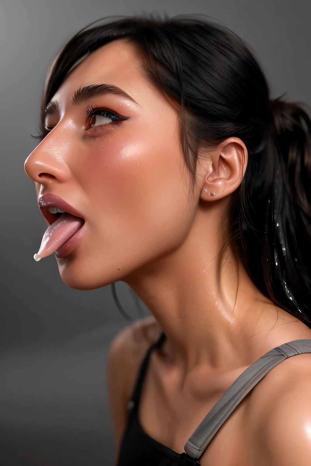 Taylor Hill、High resolution realistic photos,8k,Realistic skin texture,1 girl,Tabletop,Awards - Winning Photos, Very detailed, close your eyes, Nose and mouth,Face Focus, Face close-up、Woman with open mouth and close your eyes, Black camisole、20-year-old,Black-haired、Symmetrical face,Realistic nostrils、Angle from below、Elongated C-shaped nostrils,((Gray background))、Sweaty skin、Lighting that highlights glowing skin caused by sweat、((Sharp Nose))Skin shiny with sweat、Glowing Skin、Sweaty hair、sunlight、(Brow wrinkles)((Frowning))Deep Kiss、((Thin eyebrows))((Oily skin、Glowing Skin))、double eyelid、Wet and shiny tongue、Tied Hair、updo、Lift your head(((Long Tongue, ))((Super wet skin))(((Profile with a wide nasal septum,nasal septum,profile)))((Fine eyelashes))