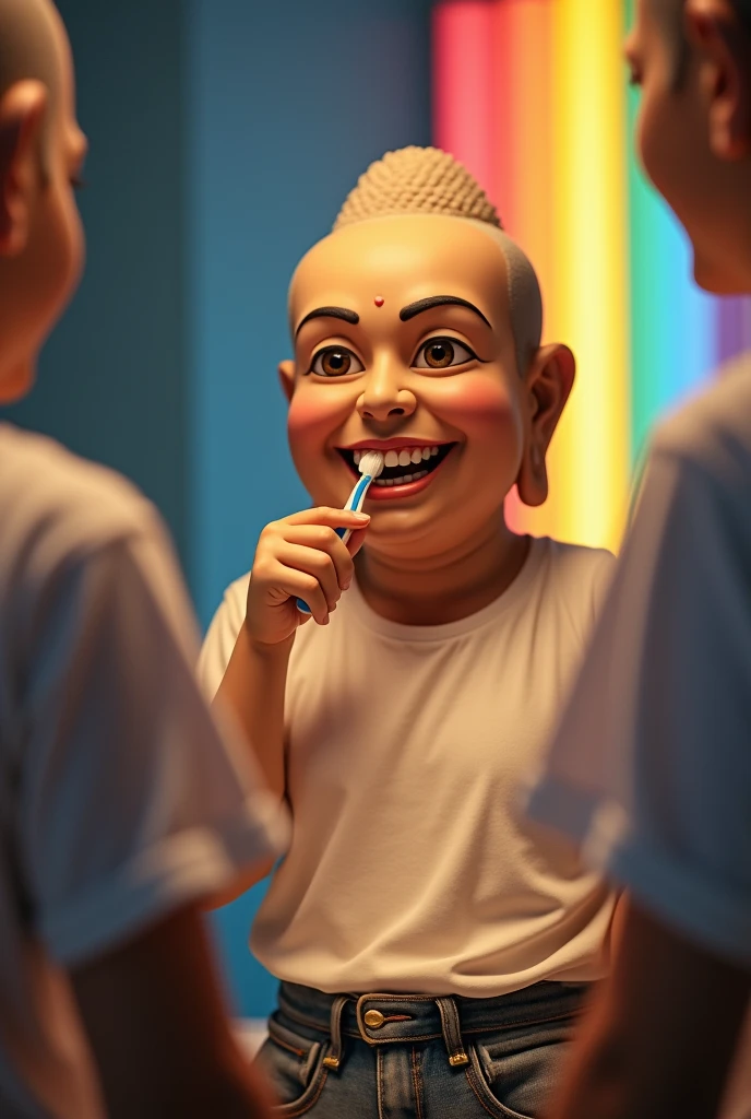 Buddha brushing his teeth in front of the mirror. He smiles happily with a wise and benevolent face. He is wearing a white T-shirt and jeans. Surrounded by rainbow-colored light. He is depicted as a gentle, gentle man . His face conveys deep wisdom and empathy, radiating warmth and understanding. Photography, close-up, highly detailed, trending at the art station, sharp focus, studio shot, intricate details, Greg Rutkowski,
