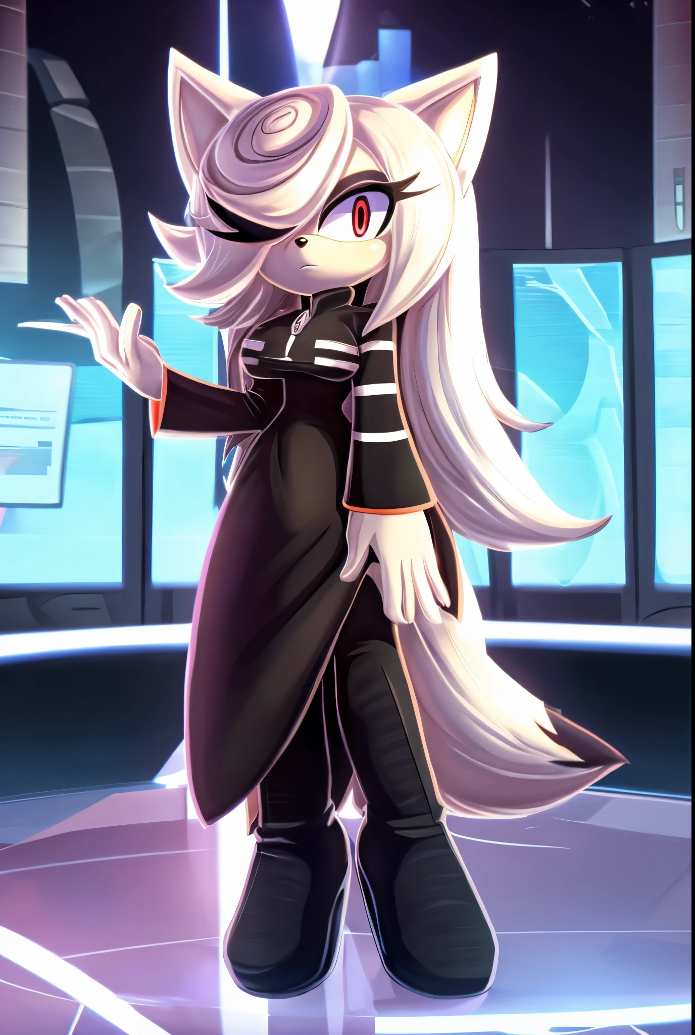 sthsage, female, Female Kitsune, ((Sage as a Mobian Kitsune)), white fur, fox ears, ((long hair)), ((lower back length hair)), white hair, multicolored hair, hair over one eye, red eyes, (more than one fox-like tails), ((black dress)), (full skirt black dress), ((white zipper-like stripe down center of dress)), standing, blank expression, ((lab background)), medium breasts, (long sleeves), eggmaam styled black dress, eggmaam cosplay, eggmaam uniform, black pants with high heeled boots attached, Eggmaam styled boots, daytime, (mobian), Mobius city 
