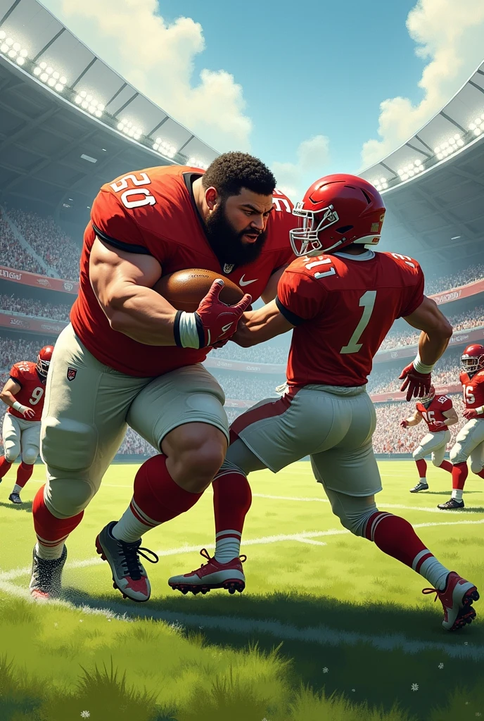 a fat guy giving a skinny guy a tackle in football