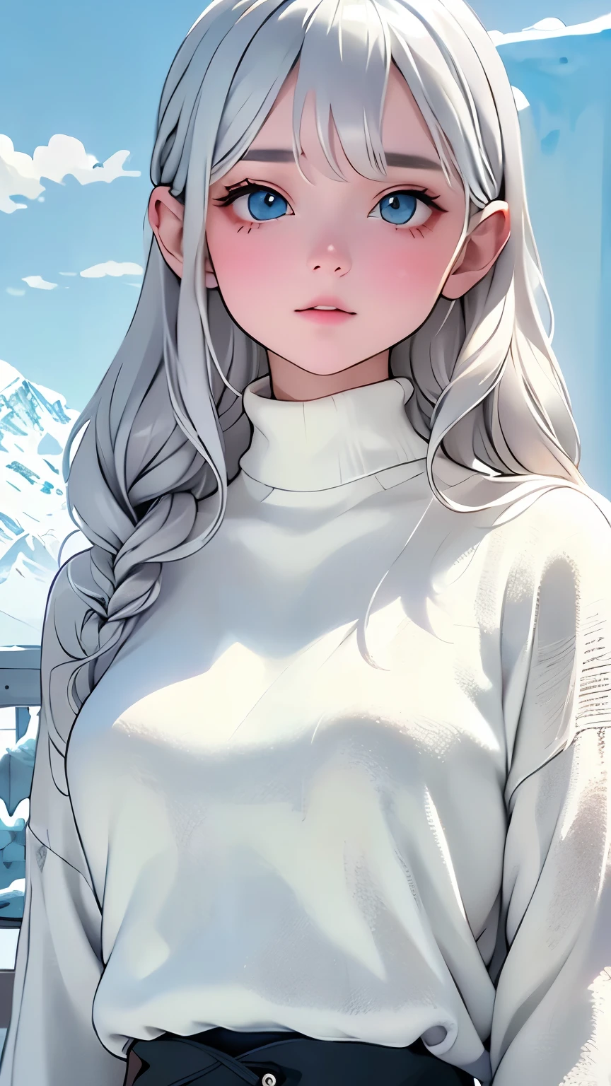 Woman with silver hair and turtleneck sweater posing in the snow, flowing silver hair, Silver hair, Silver-haired skin and icy hair, Silver Wavy Hair, wild silver hair, long silver hair, Silver-haired woman, She has long, whitish silver hair, Silver Haired Girl, Long silver hair, Long, shiny silver hair、Outdoor、Snow Mountain、ice World、Silent World、Everything freezes over in the frigid cold of Alaska、A silent power spot、