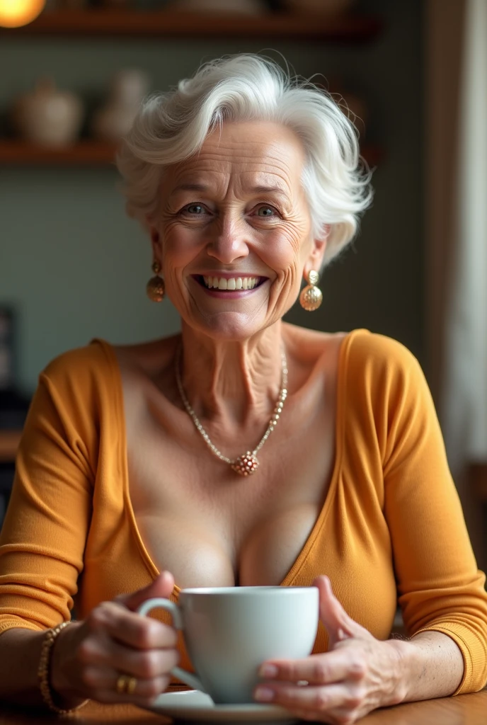 happy 60 year old woman with big cleavage, big boobies, sitting drinking coffee