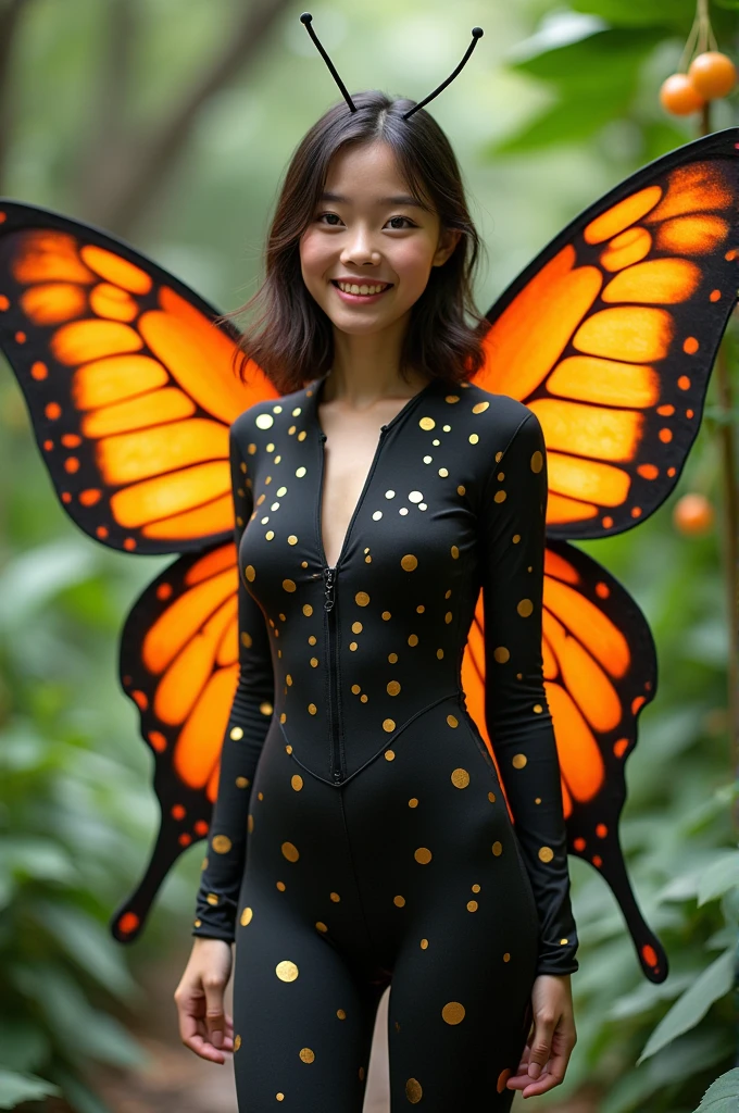 The beautiful asian teenager girl with beautiful cheeks wears black beautiful butterfly lycra turtleneck unitard catsuit covered with golden seamless polkadots with a pair of large orange butterfly wings and lycra elastane dancewear hood with antennae.She is happy in the garden.