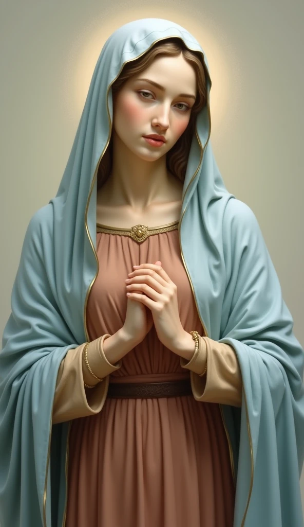 Beautiful young Virgin Mary with open arms looking down at the camera、Reddish beige tunic、Light blue cloak and veil、Loving Mother