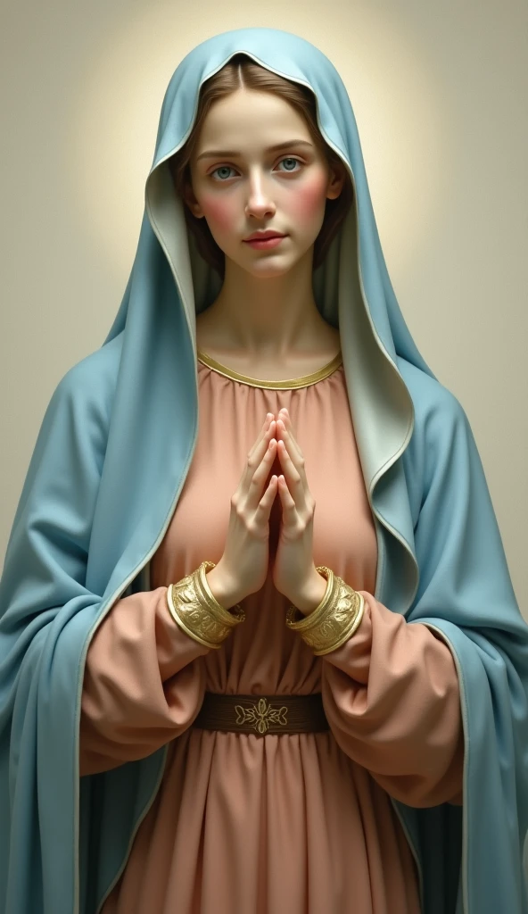 Beautiful young Virgin Mary with open arms looking down at the camera、Reddish beige tunic、Light blue cloak and veil、Loving Mother