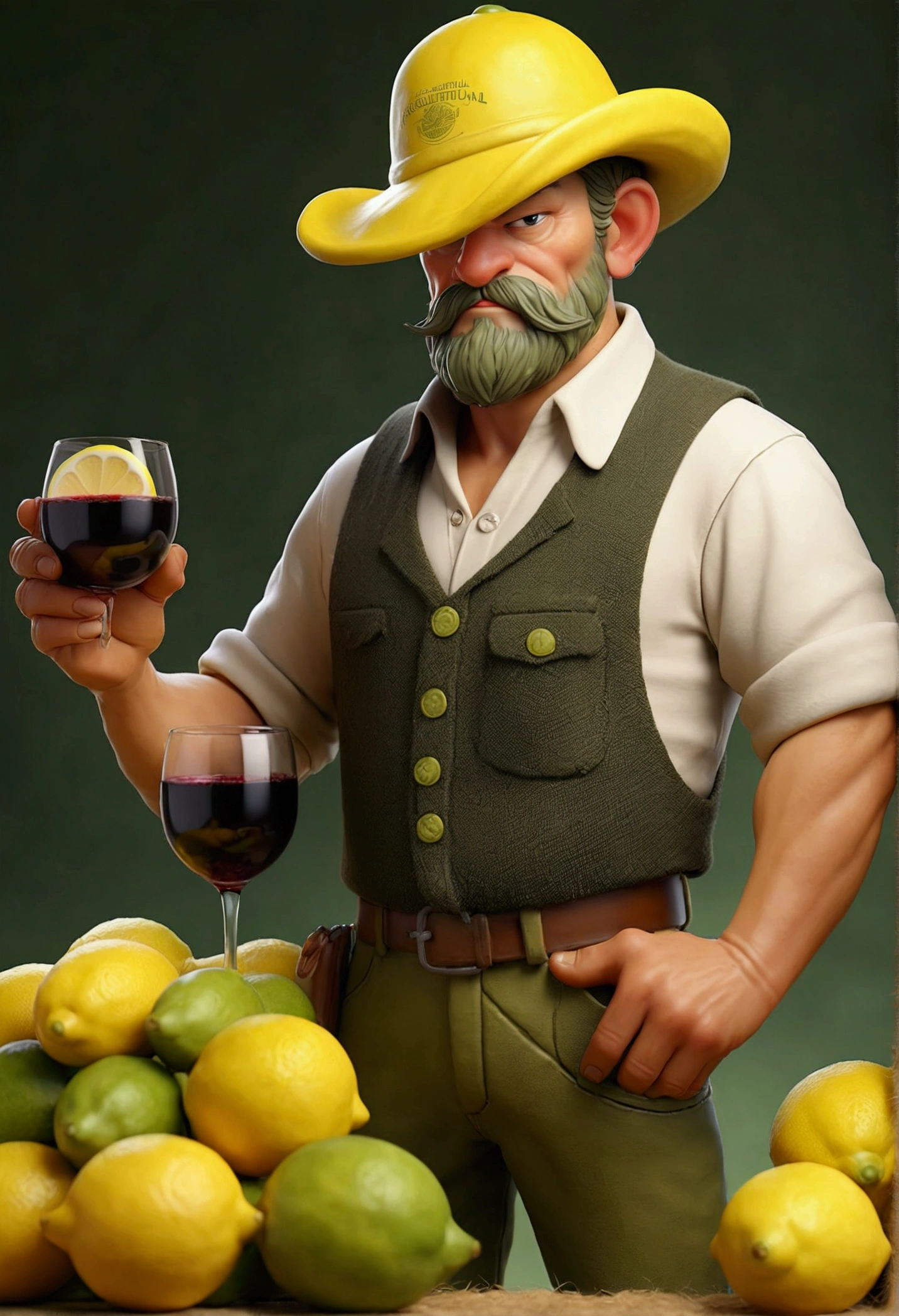 lemon fruit dressed as a farmer with a glass of wine wearing a t-shirt that says agricultural rebellion