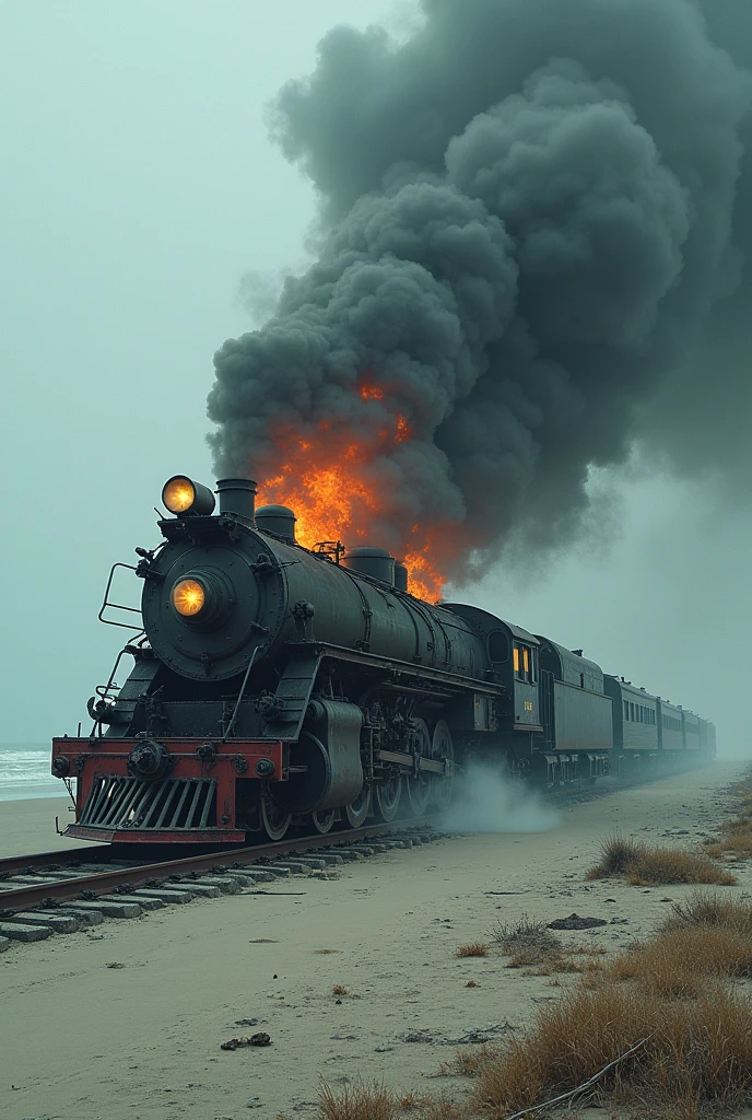 (Illustration) vapor train, crashed on beach, destroyed, on fire, outdoors, soft lighting, sea in background, realistic, intricate details, cold colors