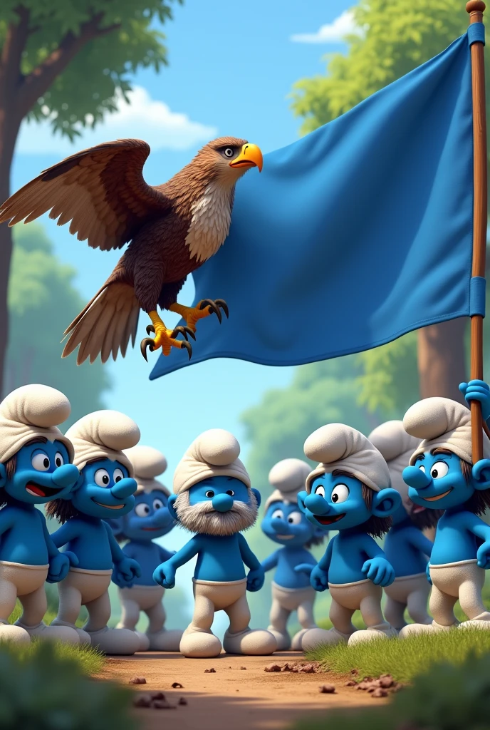 Equip the Smurfs with many Smurfs holding a blue flag and a hawk 
