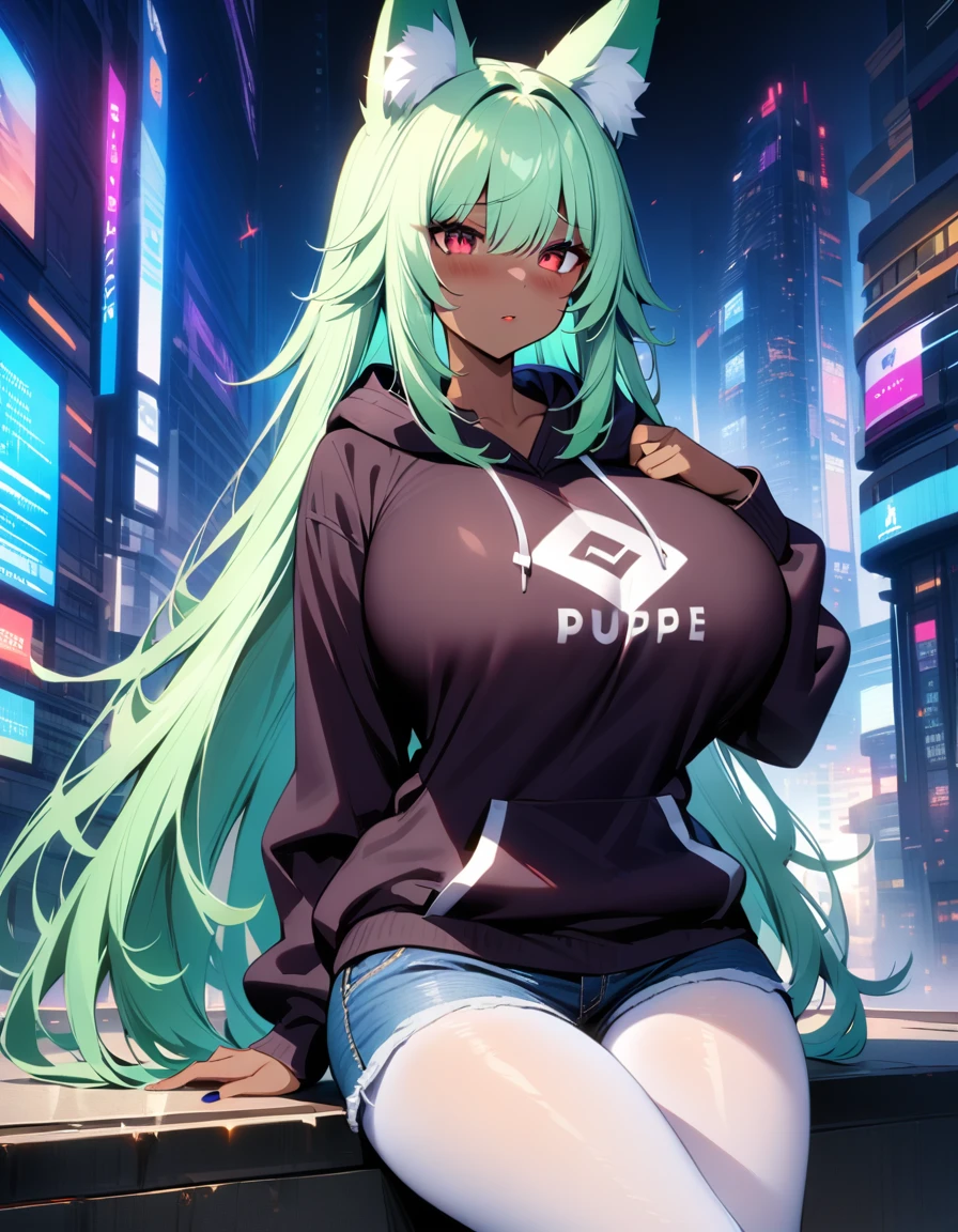 masterpiece, best quality, Extremely detailed, 1 Girl, , Solitary, (暗dark skin, dark skin:2.1), Hu_people_\(Genshin Impact_Influence\), (Huge breasts:1.4), ((((Light green hair), Very long hair, Red Eyes, Fox ears))), Purple lips, (((Wearing a hoodie, Denim shorts, White pantyhose)))，Huge ，Huge breasts, ((Shy), Shut up), ((Future Cityscape))