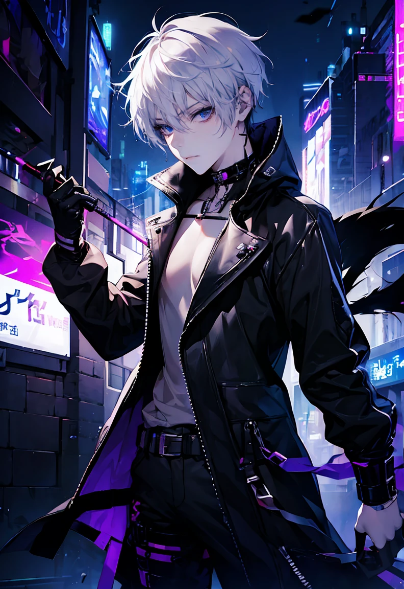 One male character, adult male, bishonen, pretty, handsome, choker, cybernetic inspiration, cyberpunk, alternative fashion, serious angry face, urban setting, cybergoth, night setting, neon lights, medium length hair, black strands of hair