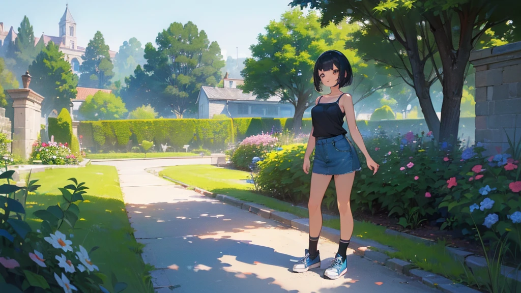 (high quality, High resolution, Very detailed, reality:1.37), Peaceful atmosphere, (Outdoor, garden), age girl standing alone, (my breasts are big.), Beautiful details, Cute Smile, (Black bob hair), camisole, Denim skirt, Blue socks, sneakers.