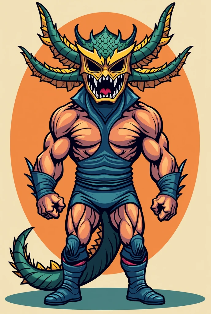 Create a masked wrestler with a good physique, that the mask is inspired by a Hydra. He must look like a child&#39;s paper doll.