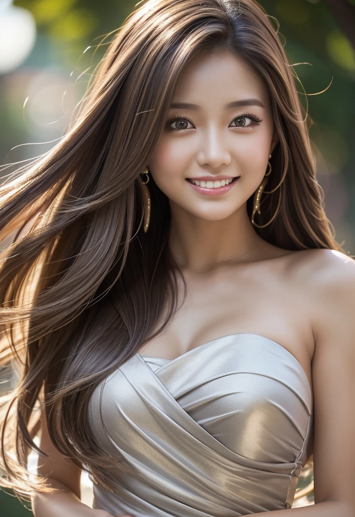 (Best quality high resolution,masterpiece),Super detailed,Real,professional,19 year old girl with long hair,Flowing hair and a metallic grey strapless shirt,And wearing a sarong,Symmetrical shape,Beautiful finger proportions...,Bright colors,Bokeh,Studio Light,Portrait,One person,smile